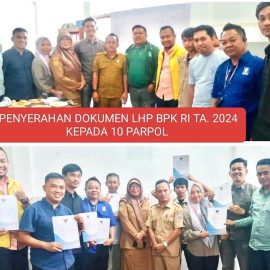 Badan Kesbangpol Provinsi Sulawesi Barat Serahkan Dokumen Hasil Audit BPK RI ke 10 Partai Politik